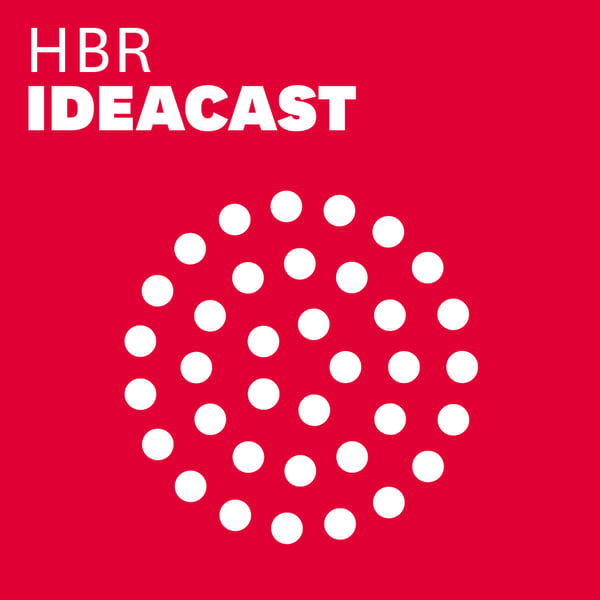 The logo for HBR Ideacast - small white circles arranged in a larger circle on a red background