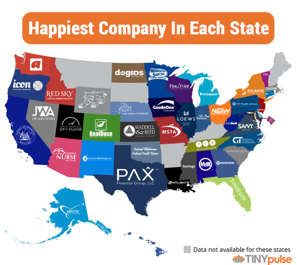Happiest company in each state - by TINYpulse