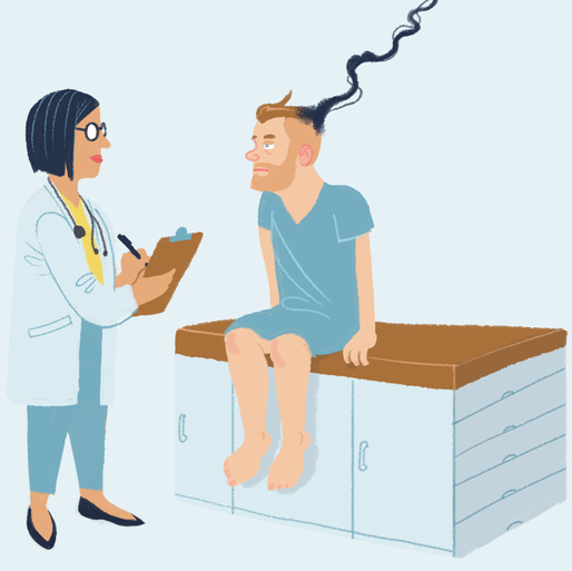 An illustration of a doctor holding a clipboard while a patient on a table has black smoke rise from their skull