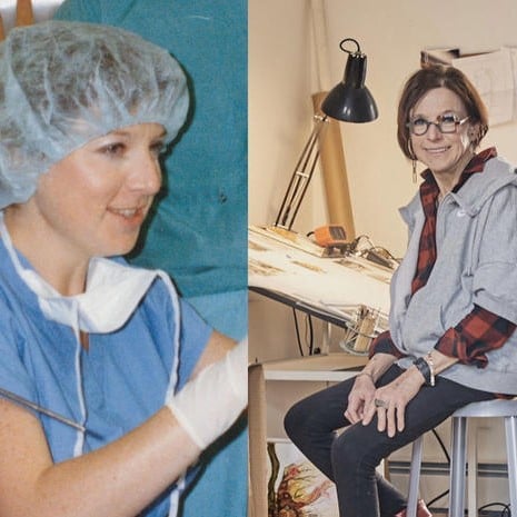 A split-screen photo shows a woman in medical scrubs, and then the same woman, older, in an artist's studio.