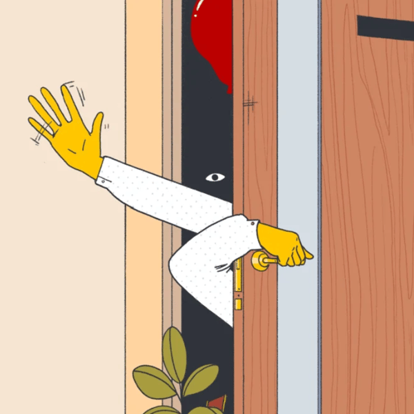 An illustration depicts a hand waving goodbye as another hand closes a door.