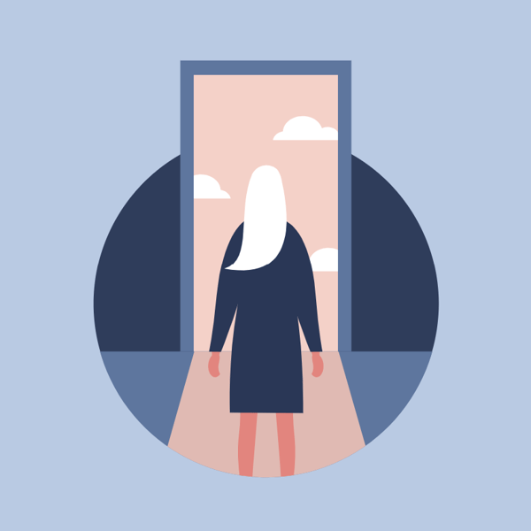 An illustration of a person facing an open door with clouds visible through the frame.