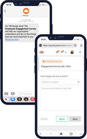 employee engagement software, TINYpulse computer screen showing employee feedback, surveys, employee engagement