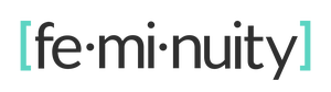feminuity's logo - the word "feminuity" in black with syllable marks and bracketed in aqua