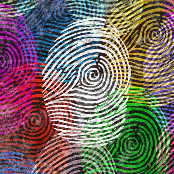 Layered thumbprints in different colors.