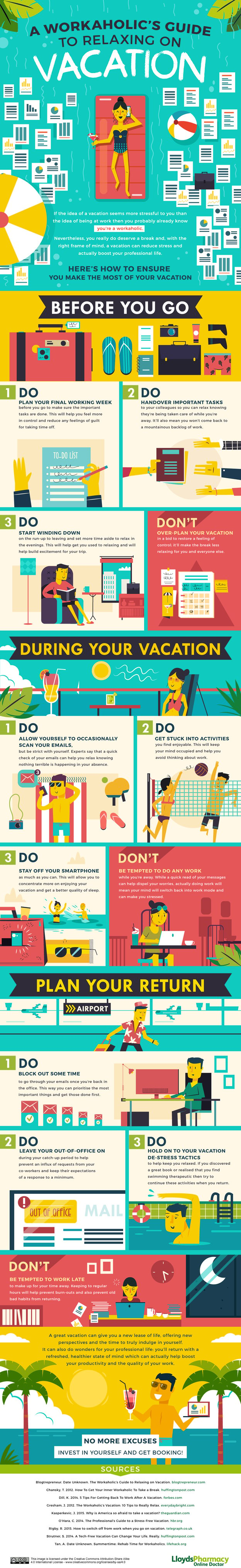 workaholic's guide to relaxing on vacation - infographic